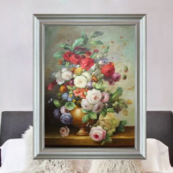独家裂纹麻布油画 欧式油画 纯手绘手工 花卉盘景