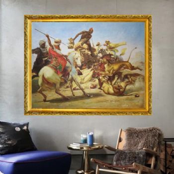 欧美人物画客厅挂画壁画餐厅玄关书房酒店 纯手绘手工 众人合力猎豹 线条框