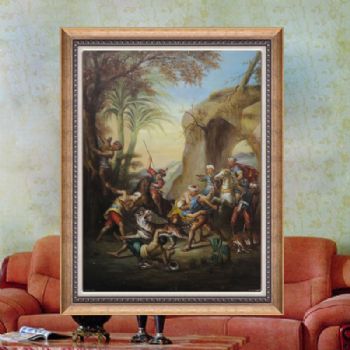 经典油画 纯手绘手工 众人猎虎图 线条框 欧美人物画