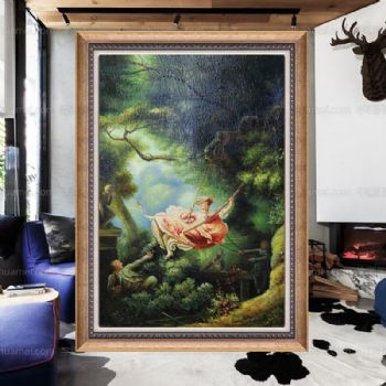 独家裂纹麻布油画 欧式经典油画 纯手绘手工 少年与少女荡秋芊 欧美人物画