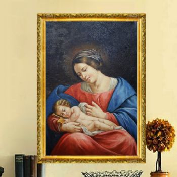 独家裂纹麻布油画 欧式经典油画 纯手绘手工 母与子 线条框 欧美人物画