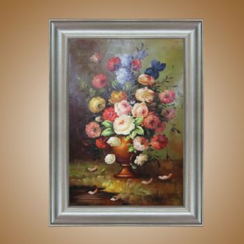 独家裂纹麻布油画 欧式油画 纯手绘手工 花卉盘景 线条框