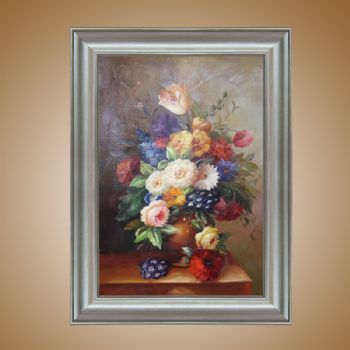 独家裂纹麻布油画 欧式油画 纯手绘手工 花卉盘景 线条框