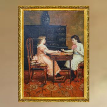 独家裂纹麻布油画 欧式经典油画 纯手绘手工 打牌的两个姑娘 欧美人物画