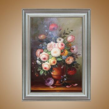 独家裂纹麻布油画 欧式油画 纯手绘手工 花卉盘景 线条框