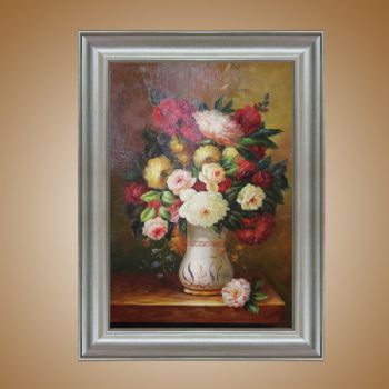 独家裂纹麻布油画 欧式油画 纯手绘手工 花卉盘景 线条框