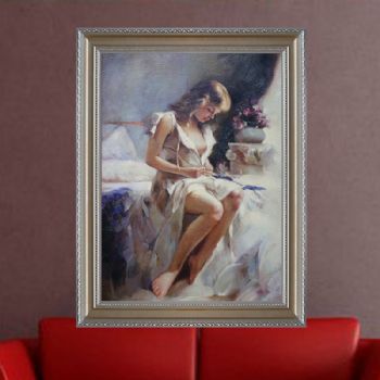 独家裂纹麻布油画 欧式油画 纯手绘手工 清晨起床的少女 线条框油画人体