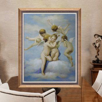 独家裂纹麻布油画 欧式经典油画 纯手绘手工 爱的天使 线条框欧式油画高清大图