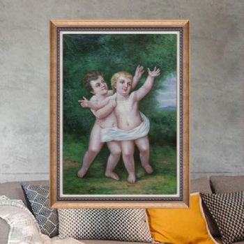 独家裂纹麻布油画 欧式经典油画 纯手绘手工 双子图 线条框