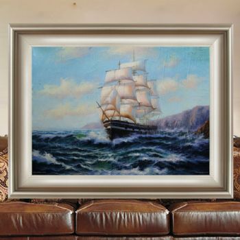 独家裂纹麻布油画 欧式经典油画 大帆船F 线条框