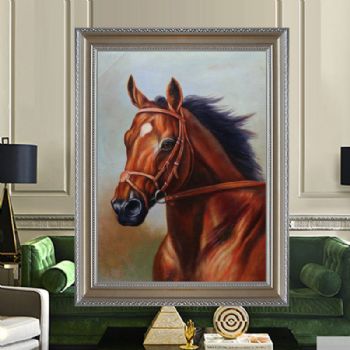 独家裂纹麻布油画 欧式经典油画 棕色马头 线条框