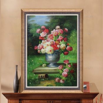 独家裂纹麻布油画 纯手绘手工 花朵盘景F 线条框