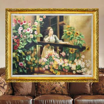 欧式经典油画  欧美人物画 酒店装饰油画 纯手绘手工 站在阳台的美少女与花朵 线条框
