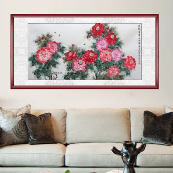 李改新 水墨国画 花开富贵 四尺横幅 典雅红褐实木框 手绘 花鸟画 国画牡丹