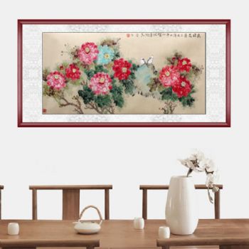 李改新 幽谷天淳 鸟语花香 四尺横幅 典雅红褐实木框 手绘 花鸟画 国画牡丹