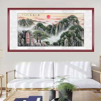 文生 水墨山水画 五岳泰山 昂头天外 四尺横幅 典雅红褐实木框 手绘 手工 国画