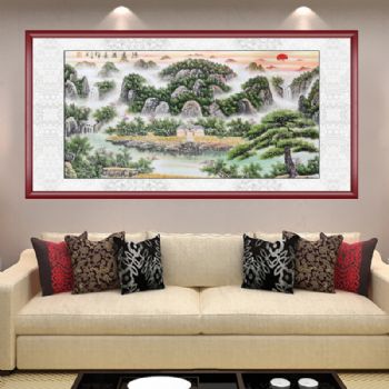 山水画 文生 山水水墨画 聚宝盘 四尺横幅 典雅红褐实木框 手绘 手工 国画