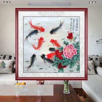 工笔画 富贵有余 小尺寸 红褐实木画框 手绘 手工 国画