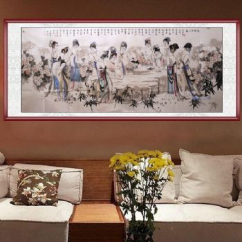 手绘人物画 金陵十三钗 国画 典雅红褐实木框