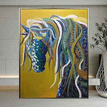 纯手绘手工家庭挂画酒店挂画玄观中式挂画多彩的马 装饰画 线条框 DCDM01