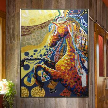 纯手绘手工家庭挂画酒店挂画玄观中式挂画多彩的马 装饰画 线条框 DCDM02