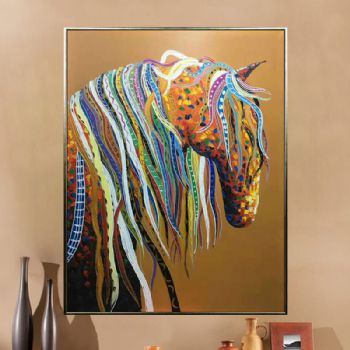 纯手绘手工家庭挂画酒店挂画玄观中式挂画多彩的马装饰画线条框DCDM04