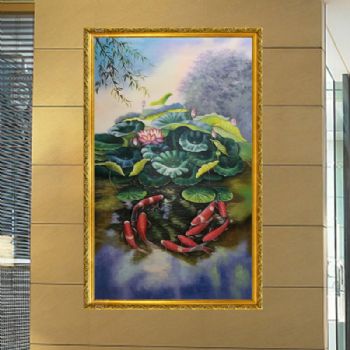 纯手绘手工 九鱼图 荷花 和谐 美满 中式油画 家庭挂画 酒店挂画