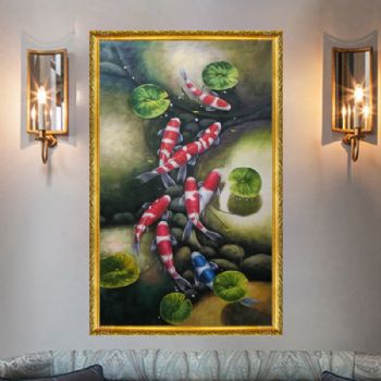 纯手绘手工 九鱼图 荷花 石头清彻见底 廉洁 吉祥 中式油画 家庭挂画 酒店挂画