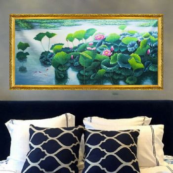 纯手绘手工 荷花池塘 景色优美 年年有余 和谐 中式油画 家庭挂画 酒店挂画 办公室挂画