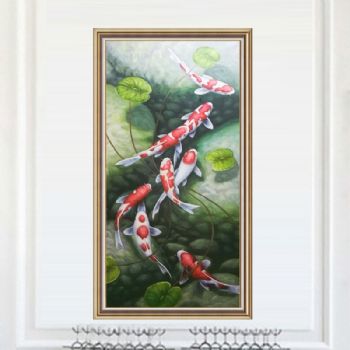 纯手绘手工 九鱼图 荷花 和谐 美满 中式油画 家庭挂画 酒店挂画