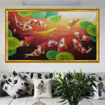 纯手绘手工 九鱼图 荷花 和谐 美满 团团圆圆 中式油画 家庭挂画 酒店挂画B