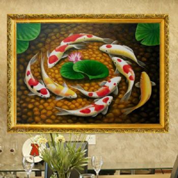 纯手绘手工 九鱼图 荷花 和谐 美满 团团圆圆 中式油画 家庭挂画 酒店挂画D