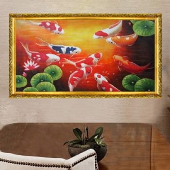 纯手绘手工 九鱼图 荷花 和谐 美满 团团圆圆 中式油画 家庭挂画 酒店挂画