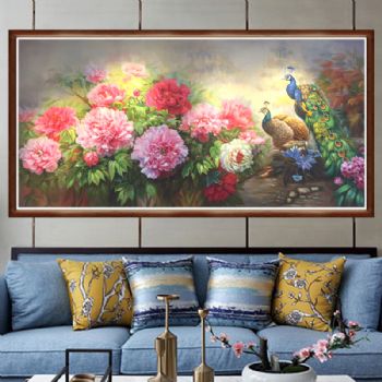 纯手绘手工 富贵牡丹 高贵孔雀  中式油画 家庭挂画 酒店挂画