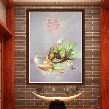 纯手绘手工 中式油画 福 五吉 丰收 大红 家庭挂画 酒店挂画