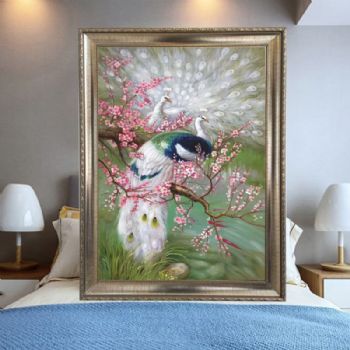 纯手绘手工 双孔雀 高贵 孔雀头顶白色 夫妻白头到老 中式油画 家庭挂画