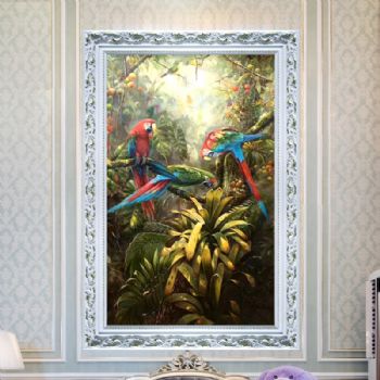 热带雨林风情手绘油画客厅玄关装饰画餐厅挂画里约大冒险金刚鹦鹉A