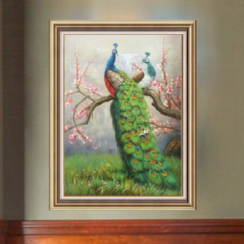 纯手绘手工 双孔雀 高贵 聪明 自由 中式油画 家庭挂画A