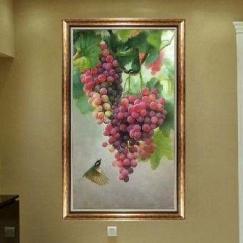纯手绘手工 中式油画 写实油画 飞鸟与红葡萄 家庭挂画 酒店挂画