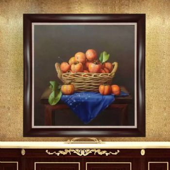 纯手绘手工 静物油画 中式油画 柿子 竹篮 事事如意 家庭挂画 酒店挂画
