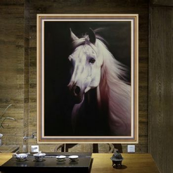 纯手绘手工 中式油画 骏马 白马 马头 高贵气质 家庭挂画 酒店挂画 办公室挂画D