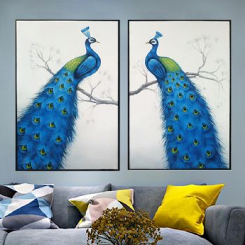 纯手绘手工 两只蓝孔雀 中式油画 家庭挂画 酒店挂画 办公室挂画