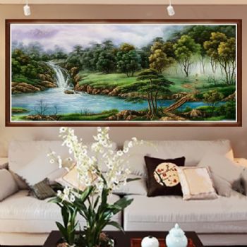 实力派画家 手绘油画 刀画 山水油画 森林 小桥水流 人 小动物 油画风景 家庭挂画 办公室挂画 油画风景