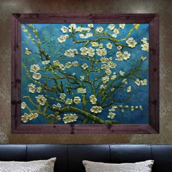梵高 盛开的杏花 纯手绘油画 实木画框 高档大幅厚油颜料花卉墙画