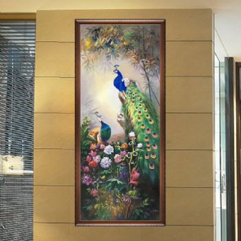 现代美式 简欧装饰画 新中式客厅挂画 玄关过道油画手绘 孔雀B