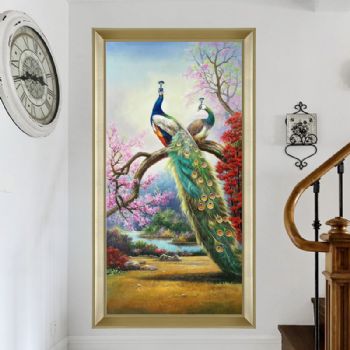 纯手工手绘油画欧式中式客厅玄关走廊卧室挂画孔雀风景有框装饰画A