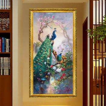 纯手工手绘油画欧式中式客厅壁炉玄关走廊竖版装饰挂画孔雀王风景