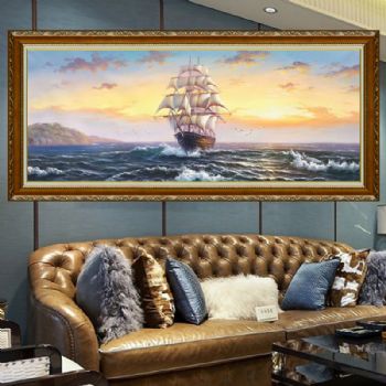 手绘油画欧式客厅挂画美式书房办公室壁画现代过道玄关画海景帆船A