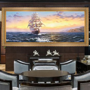 手绘油画欧式客厅挂画美式书房办公室壁画现代过道玄关画海景帆船B