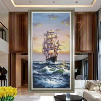 手绘油画欧式客厅挂画美式书房办公室壁画现代过道玄关画海景帆船D
